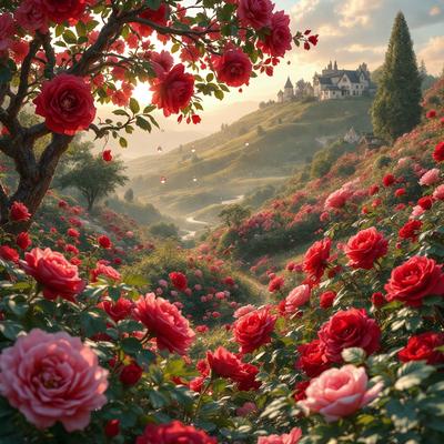 Primary subject: A tree filled with red flowers.

Setting/background: A beautiful, lush green hillside with a castle in the distance.

Visual style: Digital art.

Colors and mood: The dominant colors are red and pink, creating a warm and romantic atmosphere.
